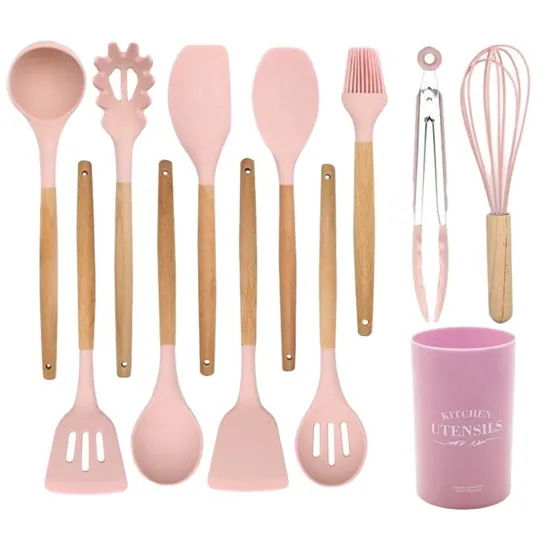 Wholesale 12 PCS Silicon Home Kitchen Tools Pink Kitchen Utensils with Storage Bucket 