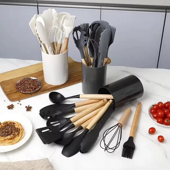 Wholesale Kitchenware Biodegradable Silicone Cooking Utensils De Casa Stainless Steel/Wooden Handle Serving Kitchen Household Utensils with Holder 