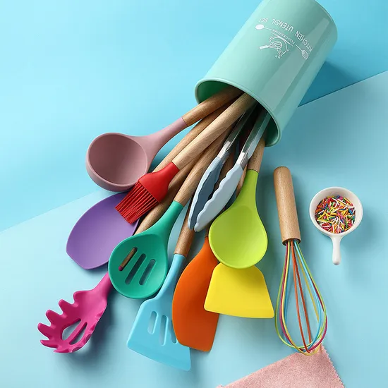 Colourful Popular 12PCS Food Grade Silicone Kitchen Utensils Non Stick with Wodden Handle 
